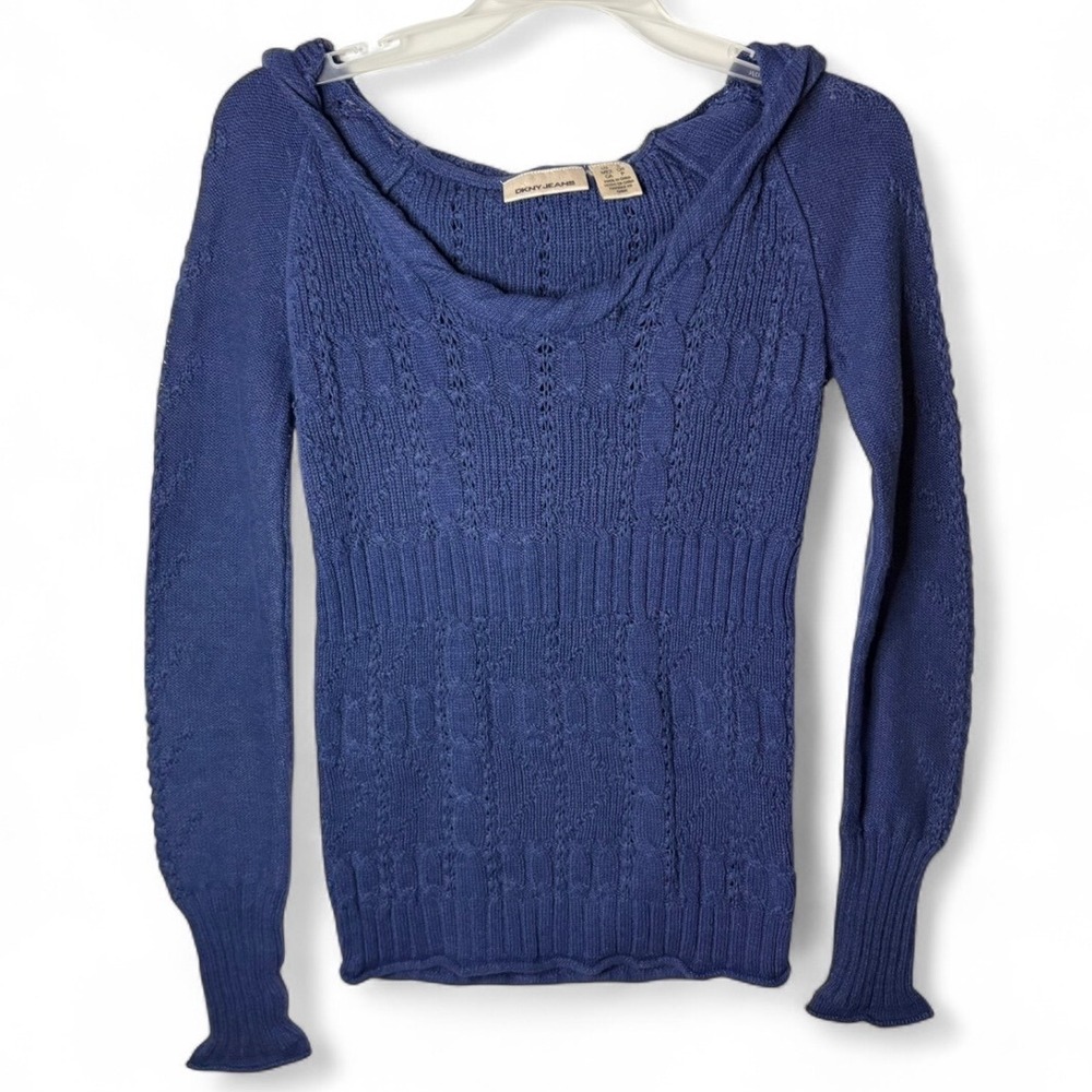 DKNY Jeans‎ Y2K Sweater Womens S Blue Hooded Cable Knit Long Sleeve